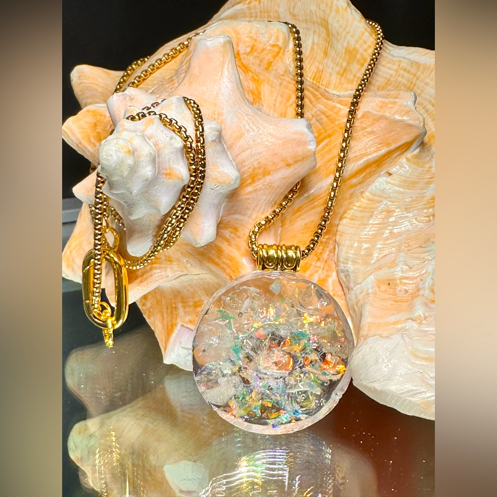 Aura Quartz Pendant Long Necklace 18k Goldfill Chain